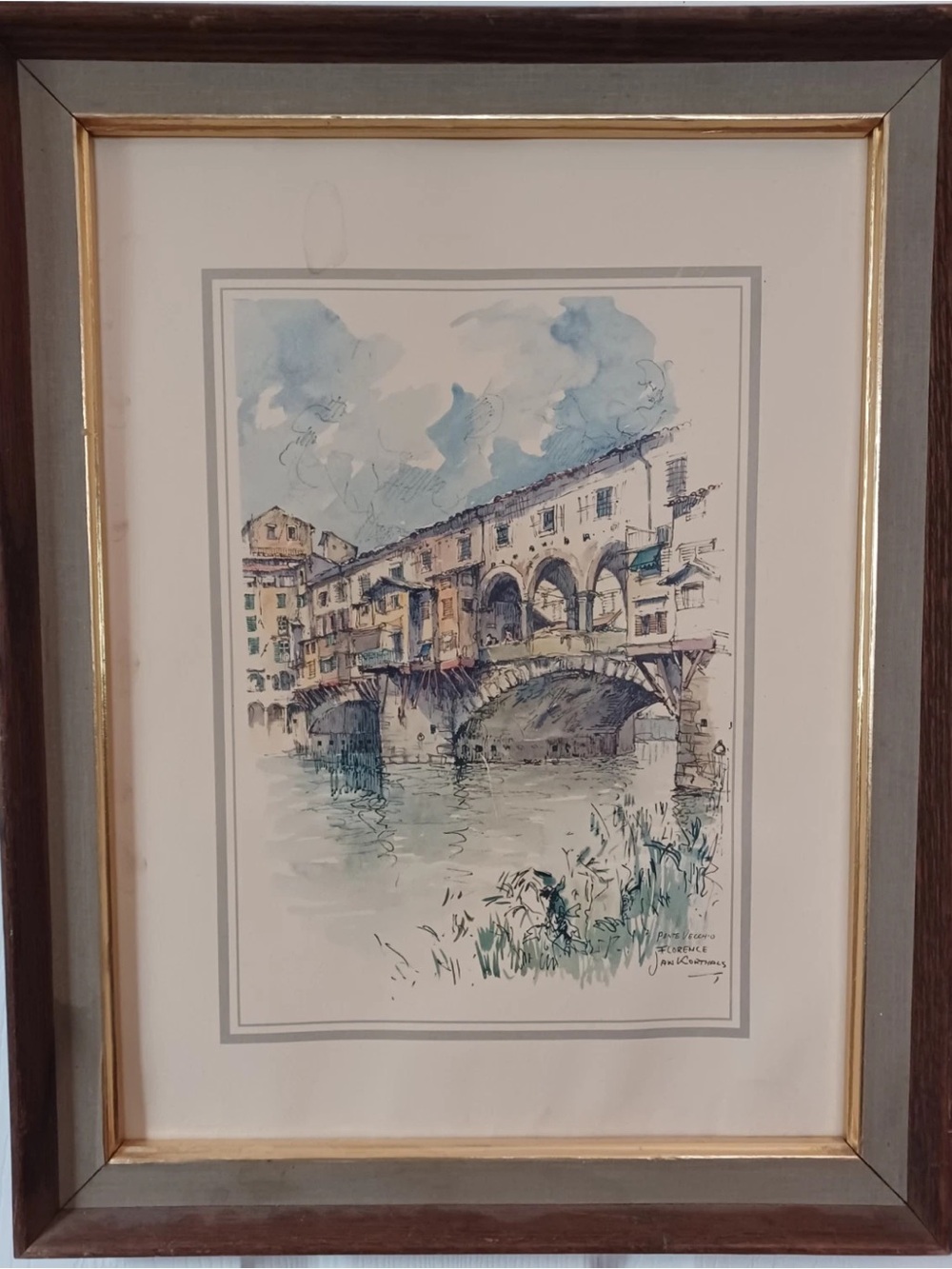 Vtg Jan Korthals Ponte Vecchio Florence Italy Framed Lithograph 18.5" x 14"
